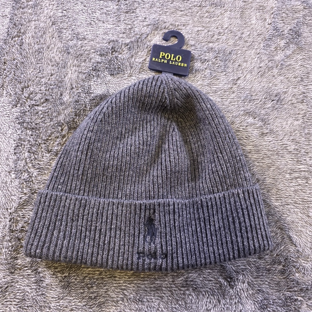 Polo Ralph Lauren Pony Logo Rib Knit Beanie Hat OS Gray Unisex